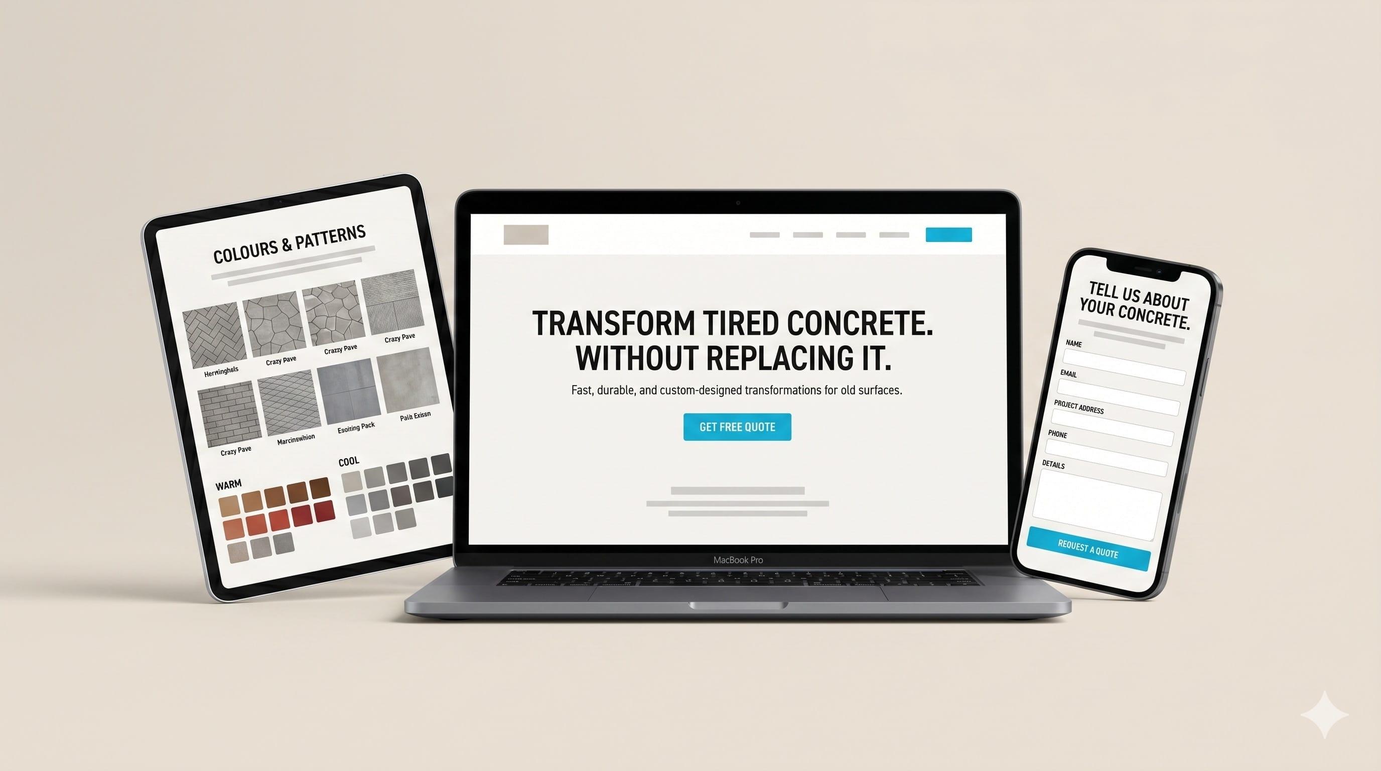 Coloured Kongcrete concrete resurfacing website displaying colour palettes, stencil patterns, and quote request form across devices