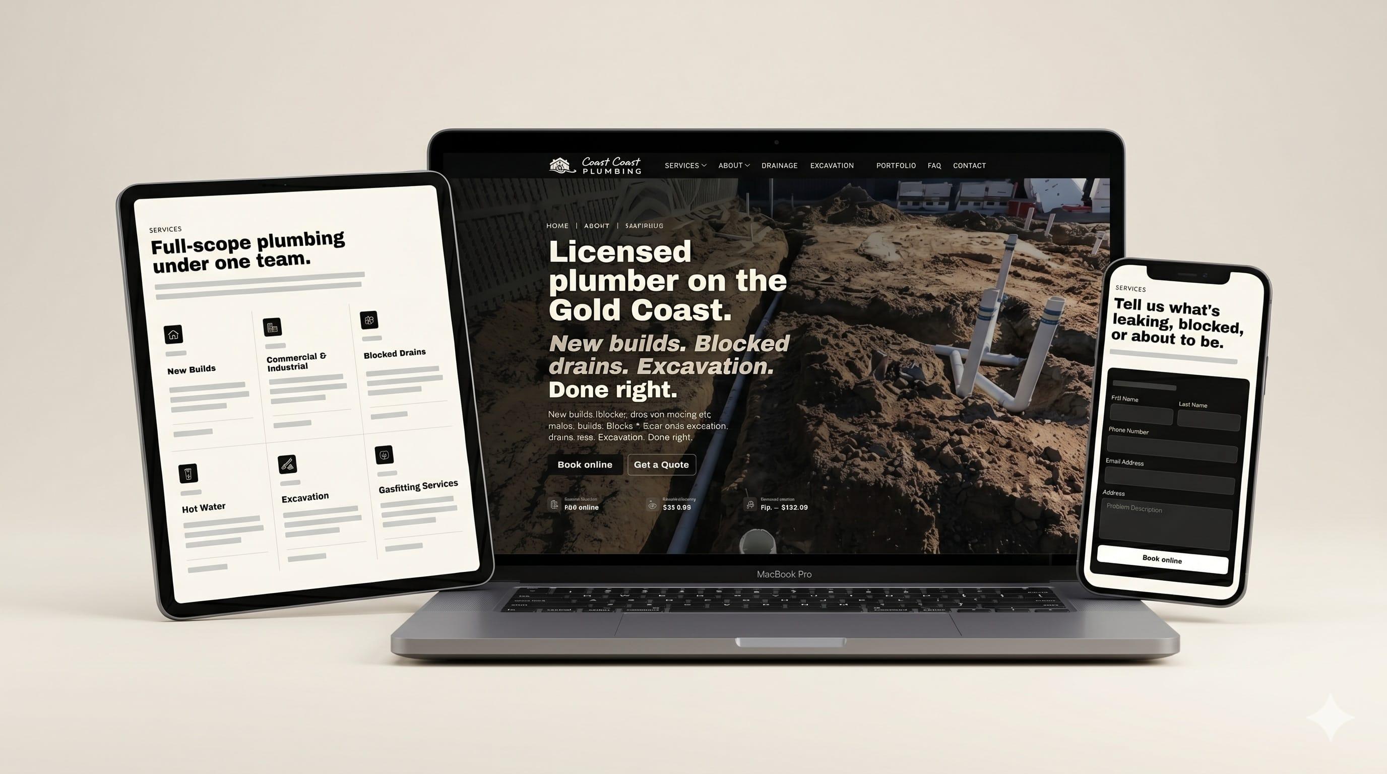 Above Average Plumbing Gold Coast website showing services, online booking, and quote request form on desktop, tablet, and mobile
